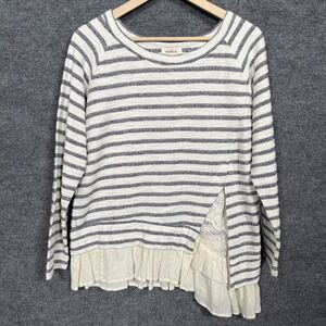 Sundance Sz Medium Sweater Top White Gray Striped Cotton Ruffle Hem Long Sleeves
